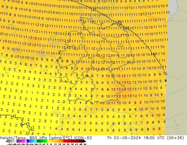 Height/Temp. 850 hPa ICON-D2 Th 02.05.2024 18 UTC