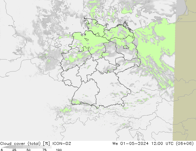 Cloud cover (total) ICON-D2 We 01.05.2024 12 UTC