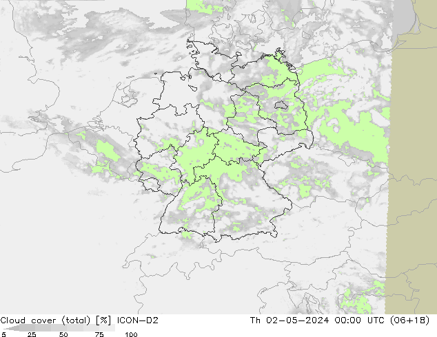 Cloud cover (total) ICON-D2 Čt 02.05.2024 00 UTC