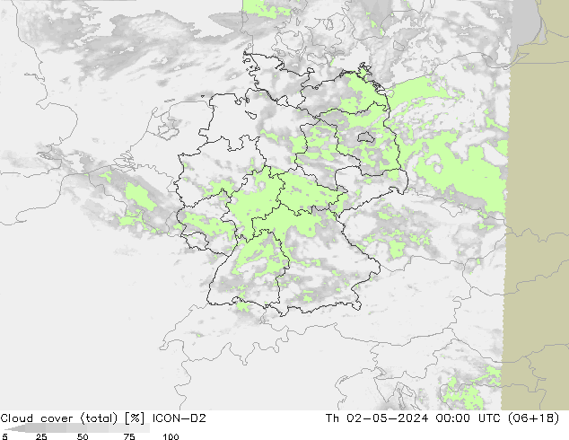 Cloud cover (total) ICON-D2 Th 02.05.2024 00 UTC