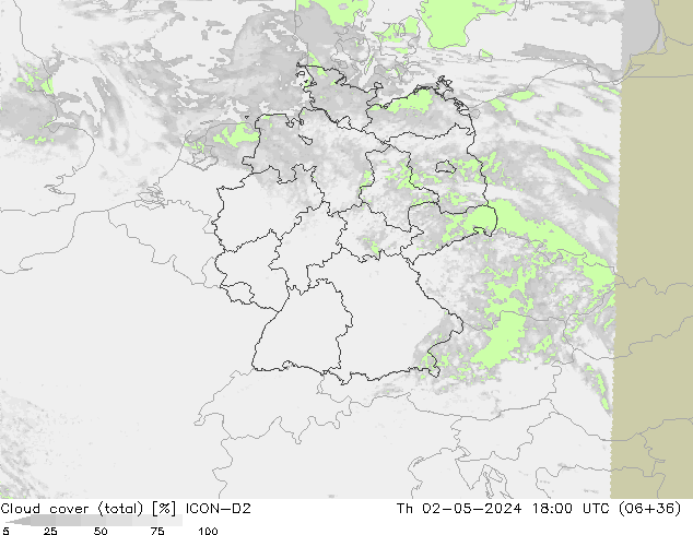 Cloud cover (total) ICON-D2 Th 02.05.2024 18 UTC