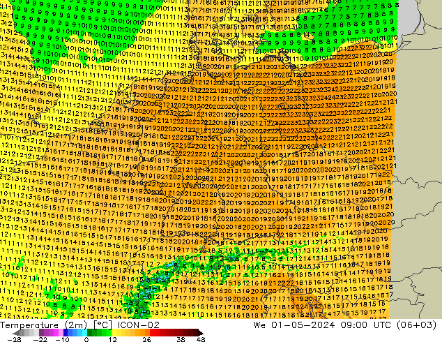 Temperaturkarte (2m) ICON-D2 Mi 01.05.2024 09 UTC