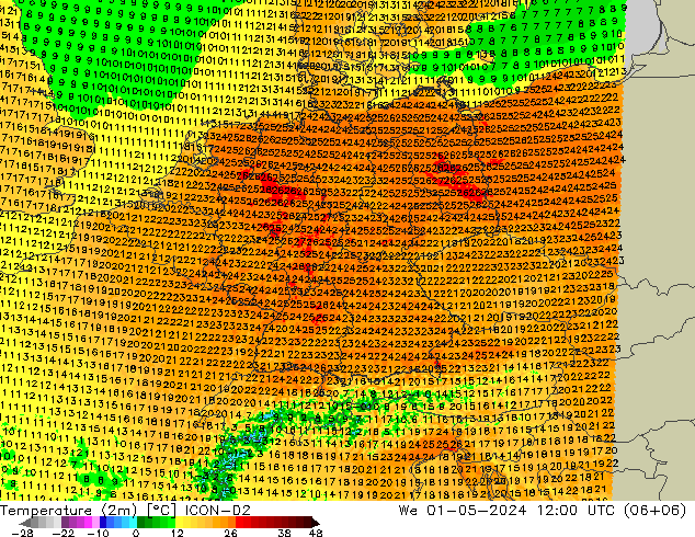 Temperaturkarte (2m) ICON-D2 Mi 01.05.2024 12 UTC