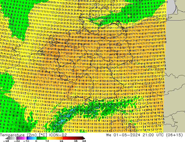 Temperatura (2m) ICON-D2 mer 01.05.2024 21 UTC