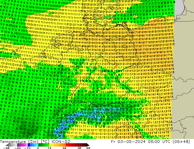 Temperatura (2m) ICON-D2 ven 03.05.2024 06 UTC