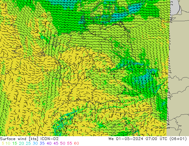 Vento 10 m ICON-D2 mer 01.05.2024 07 UTC