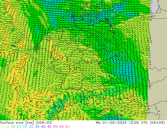 Surface wind ICON-D2 We 01.05.2024 12 UTC