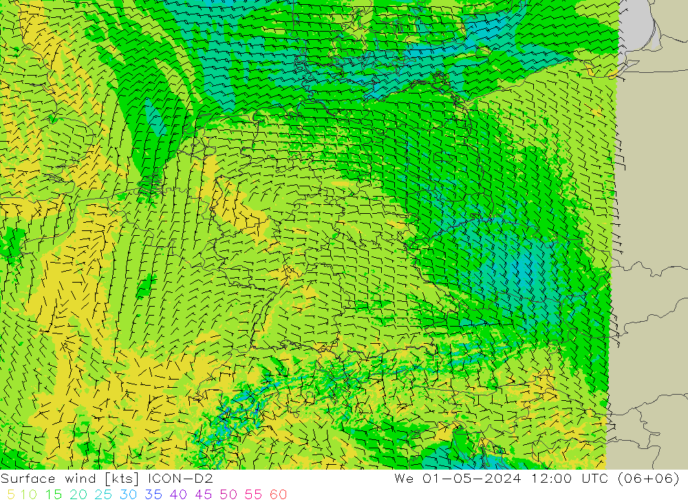 Surface wind ICON-D2 We 01.05.2024 12 UTC