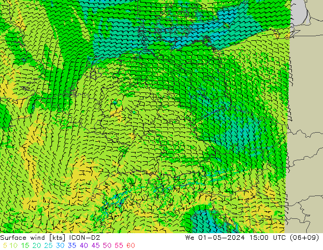 Surface wind ICON-D2 We 01.05.2024 15 UTC