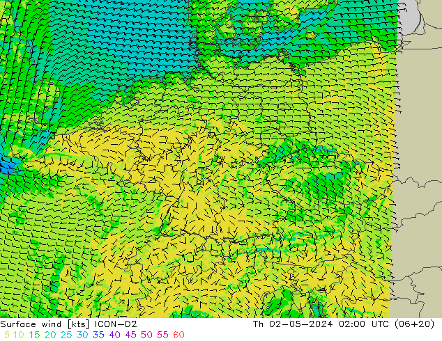 Vent 10 m ICON-D2 jeu 02.05.2024 02 UTC