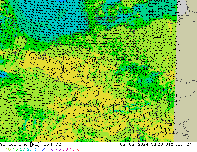 Vento 10 m ICON-D2 Qui 02.05.2024 06 UTC