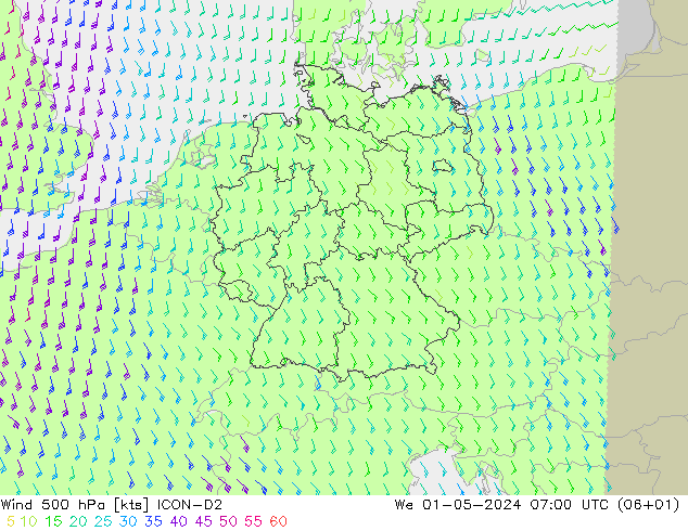 Vento 500 hPa ICON-D2 Qua 01.05.2024 07 UTC