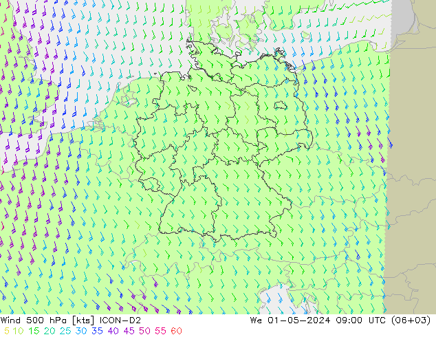 Wind 500 hPa ICON-D2 wo 01.05.2024 09 UTC