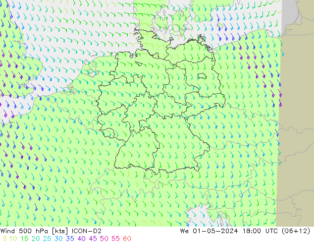 Vento 500 hPa ICON-D2 mer 01.05.2024 18 UTC