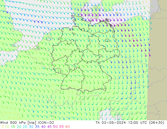 Viento 500 hPa ICON-D2 jue 02.05.2024 12 UTC