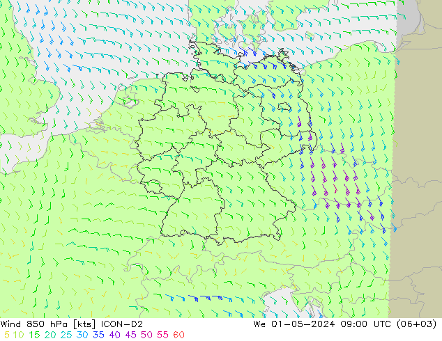 Wind 850 hPa ICON-D2 We 01.05.2024 09 UTC