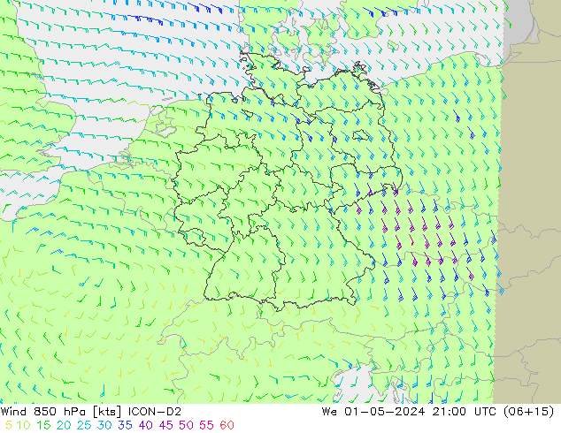 Wind 850 hPa ICON-D2 We 01.05.2024 21 UTC