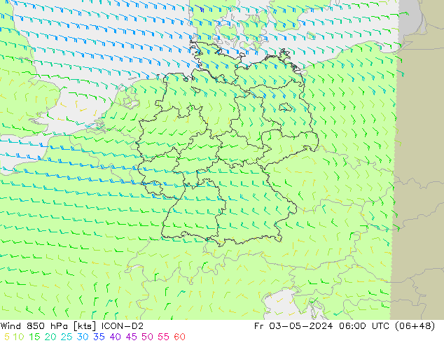 Wind 850 hPa ICON-D2 Pá 03.05.2024 06 UTC