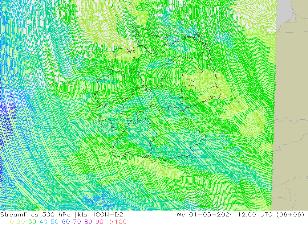 Linea di flusso 300 hPa ICON-D2 mer 01.05.2024 12 UTC