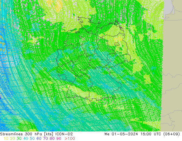 ветер 300 гПа ICON-D2 ср 01.05.2024 15 UTC