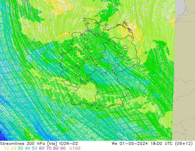 Streamlines 300 hPa ICON-D2 We 01.05.2024 18 UTC