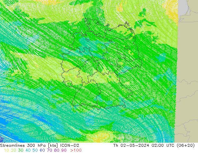 Streamlines 300 hPa ICON-D2 Th 02.05.2024 02 UTC