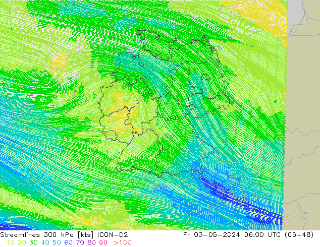 Rüzgar 300 hPa ICON-D2 Cu 03.05.2024 06 UTC