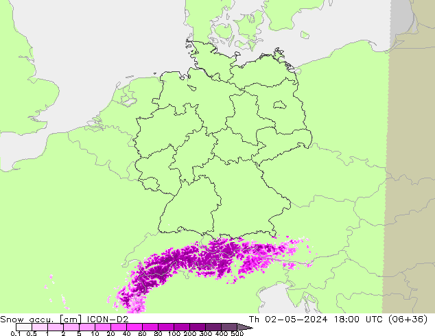 Snow accu. ICON-D2 gio 02.05.2024 18 UTC