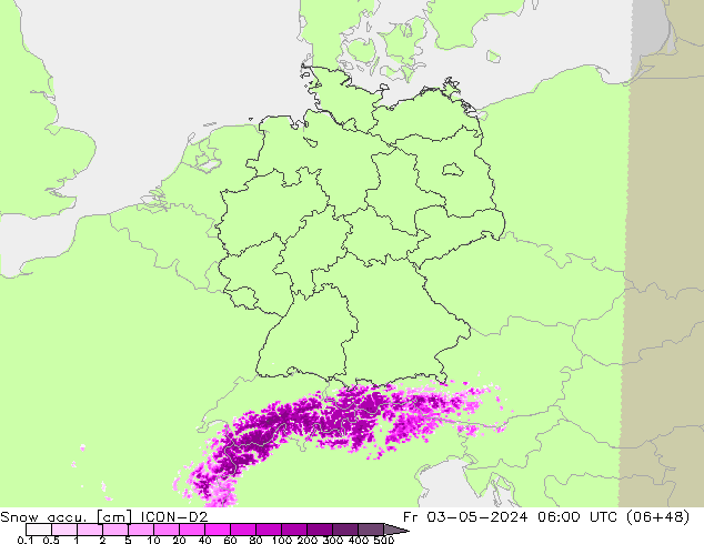 Snow accu. ICON-D2 Pá 03.05.2024 06 UTC