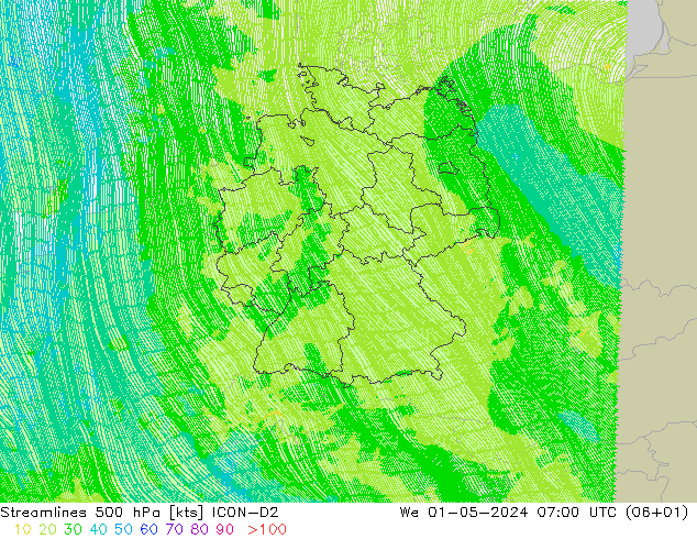 Streamlines 500 hPa ICON-D2 We 01.05.2024 07 UTC