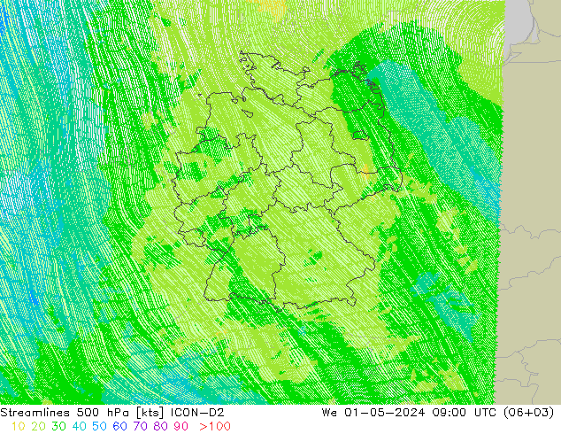 Stromlinien 500 hPa ICON-D2 Mi 01.05.2024 09 UTC