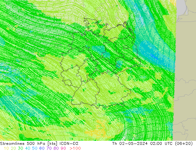 Linha de corrente 500 hPa ICON-D2 Qui 02.05.2024 02 UTC