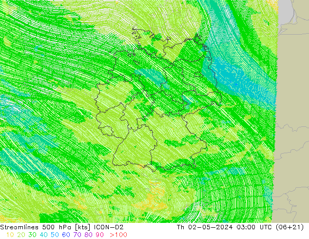 Stromlinien 500 hPa ICON-D2 Do 02.05.2024 03 UTC