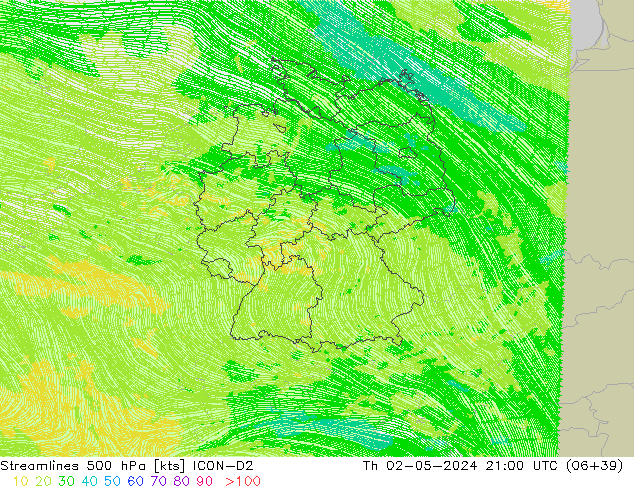 Linha de corrente 500 hPa ICON-D2 Qui 02.05.2024 21 UTC