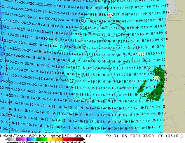 Height/Temp. 500 hPa ICON-D2 Mi 01.05.2024 07 UTC