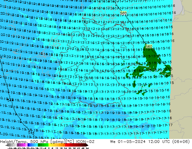 Height/Temp. 500 hPa ICON-D2 Mi 01.05.2024 12 UTC