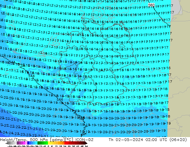 Height/Temp. 500 hPa ICON-D2 czw. 02.05.2024 02 UTC