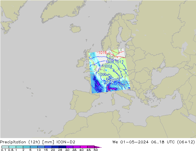 Nied. akkumuliert (12Std) ICON-D2 Mi 01.05.2024 18 UTC