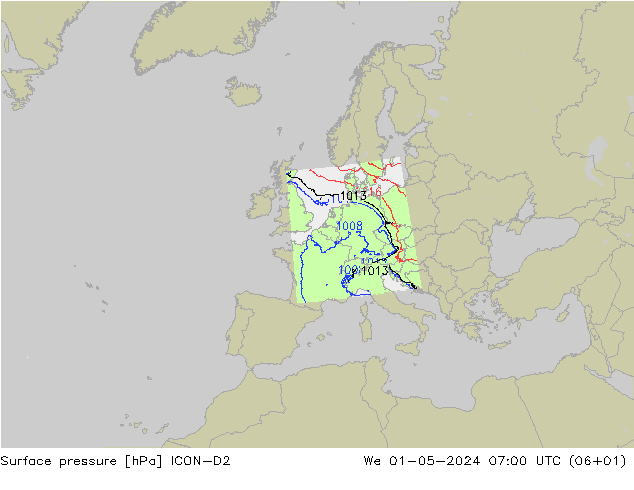 Presión superficial ICON-D2 mié 01.05.2024 07 UTC