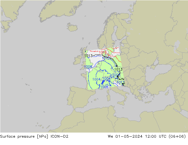 Pressione al suolo ICON-D2 mer 01.05.2024 12 UTC