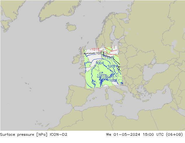 Surface pressure ICON-D2 We 01.05.2024 15 UTC