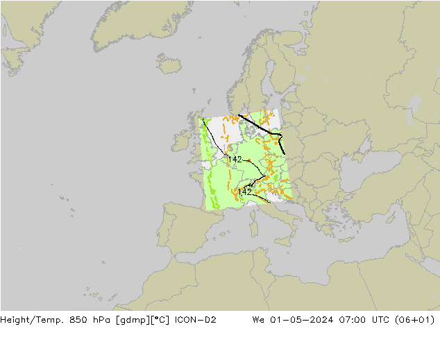 Height/Temp. 850 гПа ICON-D2 ср 01.05.2024 07 UTC
