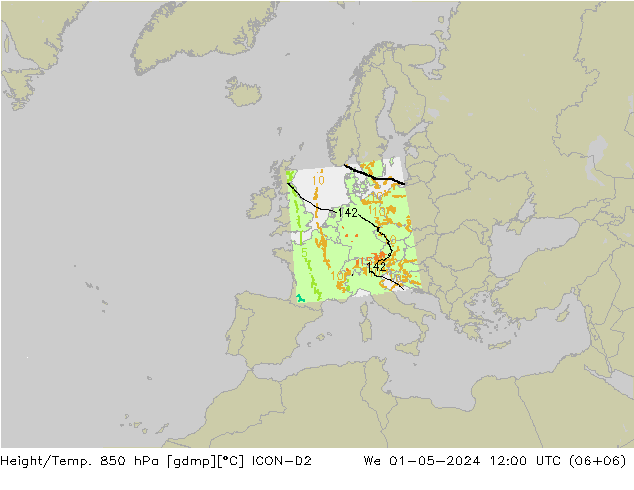 Géop./Temp. 850 hPa ICON-D2 mer 01.05.2024 12 UTC