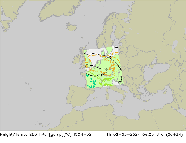Height/Temp. 850 hPa ICON-D2 Čt 02.05.2024 06 UTC
