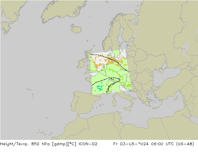 Height/Temp. 850 hPa ICON-D2 Fr 03.05.2024 06 UTC
