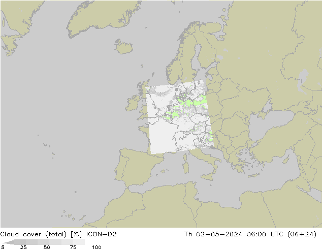 Cloud cover (total) ICON-D2 Čt 02.05.2024 06 UTC