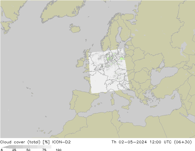 Cloud cover (total) ICON-D2 Th 02.05.2024 12 UTC