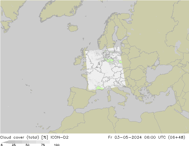 Cloud cover (total) ICON-D2 Fr 03.05.2024 06 UTC