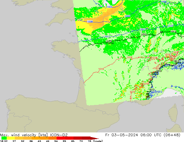 Max. wind velocity ICON-D2  03.05.2024 06 UTC