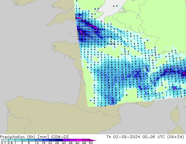 Precipitation (6h) ICON-D2 Čt 02.05.2024 06 UTC